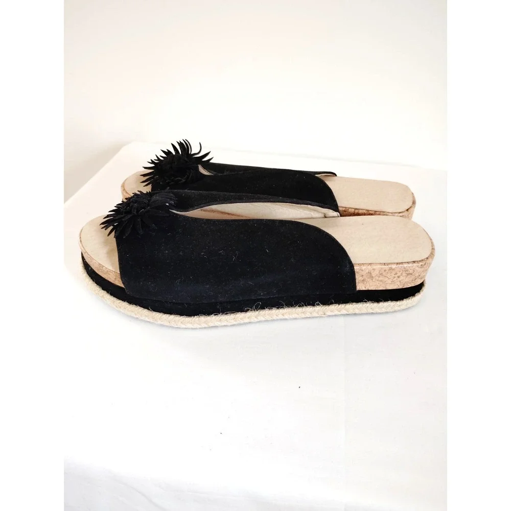 Women 10 Black Slip‑On Flower Cork Platform Gothic Boho Sandals   Woven Sole EUC